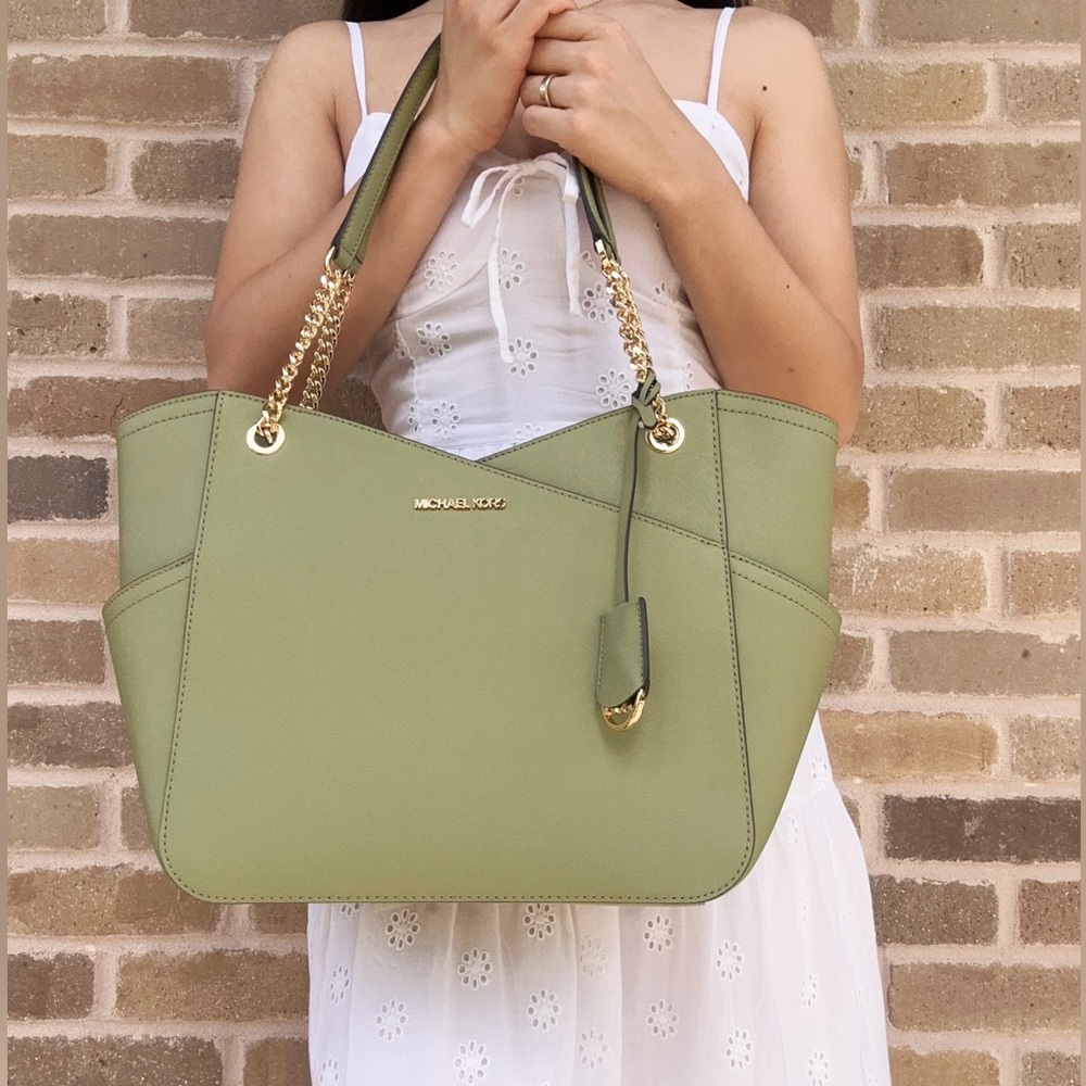 Michael Kors Jet Set Travel Large Top Zip Chain Tote Light Sage Green Leather